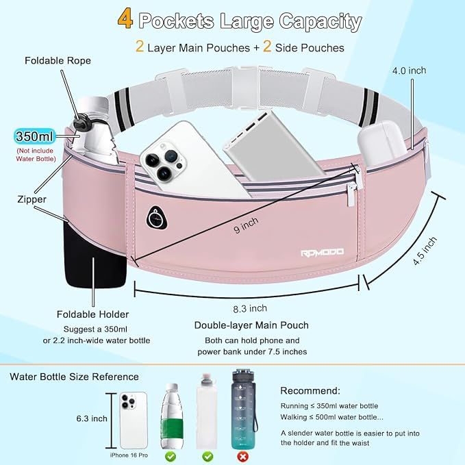 Hydration Running Belt for Women Men，Fanny Pack with Water Bottle Holder，Large Capacity Running Phone Holder for iPhone 17 16 Pro Max Samsung，Slim Reflective Waist Belt for Hiking Outdoor（Pink）