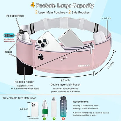 Hydration Running Belt for Women Men，Fanny Pack with Water Bottle Holder，Large Capacity Running Phone Holder for iPhone 17 16 Pro Max Samsung，Slim Reflective Waist Belt for Hiking Outdoor（Pink）