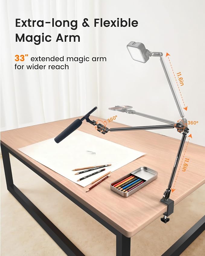 CAMBOFOTO 33" Magic Arm w Desk Clamp, Overhead Camera Mount, Desk Phone Mount, Articulating Extra-Long Friction Boom Arm w 1/4" Screw, for Phone, Mic, Light, Webcams, Action Camera (Light Black)