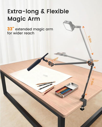CAMBOFOTO 33" Magic Arm w Desk Clamp, Overhead Camera Mount, Desk Phone Mount, Articulating Extra-Long Friction Boom Arm w 1/4" Screw, for Phone, Mic, Light, Webcams, Action Camera (Light Black)