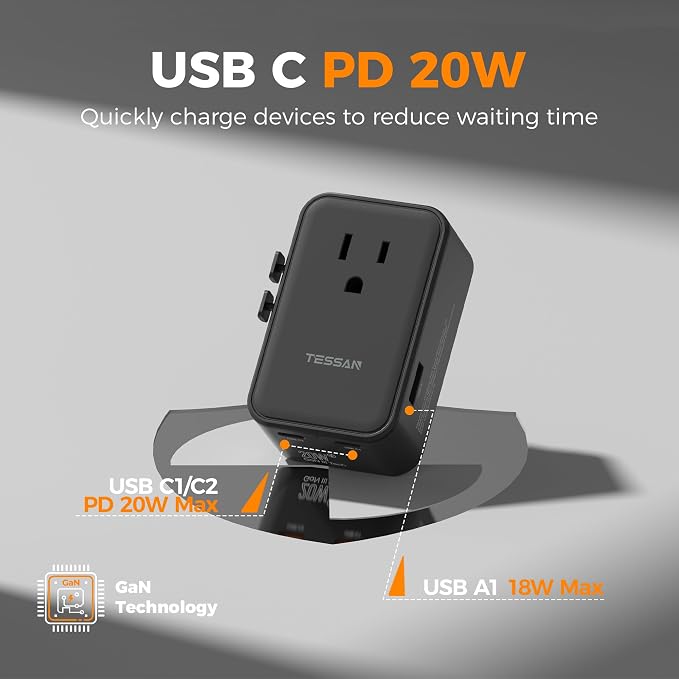 TESSAN 20W International Power Adapter, Black | Ultra Slim, 2 USB-C 1 USB-A, US to European UK Spain England New Zealand, Type C G A I