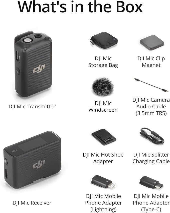 DJI Mic (1 TX + 1 RX), Wireless Lavalier Microphone, 250m (820 ft.) Range, Compact and Ultra-Light, 14-Hour Recording, Wireless Microphones for PC, iPhone, Android, Cameras, Vlogs, Live Stream
