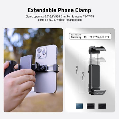 NEEWER Bluetooth Side Handle Shutter Release with 2.2"-3.2"/55-82mm 360° Phone Clamp & SSD Holder, Cold Shoes, 100mAh Rechargeable Battery Compatible with iPhone Samsung T5/T7/T9 SSD, PA028E