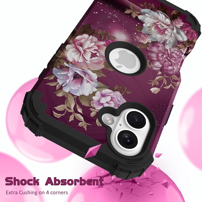 Hocase for iPhone 16 Case 6.1", Heavy Duty Shockproof Protection Soft Silicone Rubber+Hard Plastic Bumpers Hybrid Protective Case for iPhone 16 2024 - Royal Purple Flowers