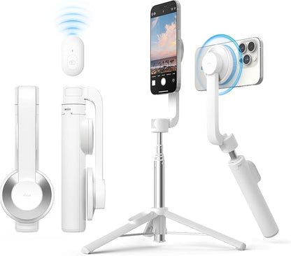 elago Magnetic Selfie Stick Tripod Compatible with MagSafe for iPhone and Galaxy, Strong Magnetism, Portable, Lightweight, Extendable [Pouch, Bluetooth Remote, Guide Sticker Included] [White]