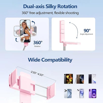 yAyusi Extendable Mini Selfie Stick for iPhone, Pocket Size Portable Selfie Stick with Remote, Compact Phone Selfie Sticks with Phone Holder for Content Creation/Vlog/Video Record/Live Stream (Pink)