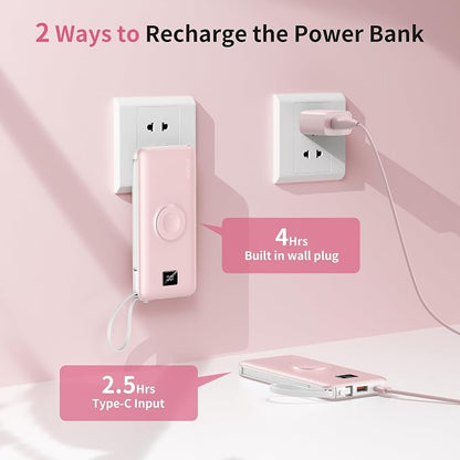 Portable Charger 10000mAh 22.5W PD 3.0+QC 4.0 Super Fast Charging Power Bank, Built-in Cables & AC Wall Plug & Magnetic Wireless iWatch Charger, USB-C Battery Pack for iPhone/Samsung/Apple Watch, etc