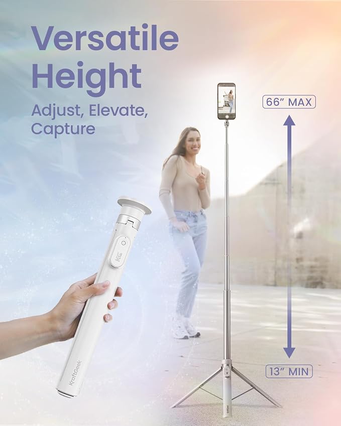 KraftGeek 66'' Magnetic Phone Tripod for iPhone MagSafe – Automatic Selfie Stick with Remote, Portable Tripod Stand for Video Recording, Travel, Vlogging (White)