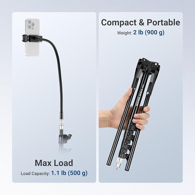 NEEWER BASICS Phone Tripod Stand with Flexible Arm & Reversible Legs, Aluminum Office Table Bedside Smartphone Clip Clamp Holder Mount Compatible with iPhone Samsung Android for Video Recording, ST014