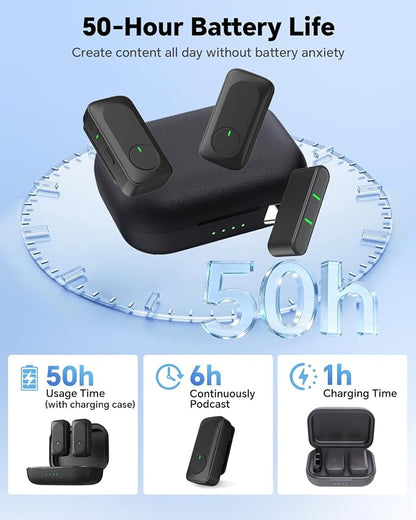 Wireless Lavalier Microphone for iPhone/Android Phone/Laptop/PC, Mini Lapel Mic with 50H Battery Life Charging Case, 100FT Range and Noise Reduction, for Video Recording, Streaming, TikTok