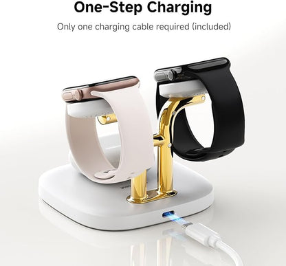 Dual Watch Charger with Fast Charging for Apple Watch, SwanScout 704A, 3-in-1 Wireless Charging Station Stand for Apple Watch Ultra 3/11/10, Wireless Charger Dock for AirPods Pro 3/4/3 (White & Gold)