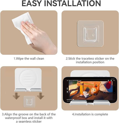 Shower Phone Holder, Shower Phone Mount with 3PCS Adhesive Stickers Wall Mount Phone Holder for Bathroom Bedroom Kitchen Compatible with iPhone Series, Other Smartphones and Ipad, White