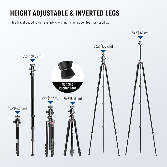 NEEWER Basics 64.5" Horizontal Overhead Tripod with Ball Head/Cell Phone Holder Compatible with iPhone Video Recording, Aluminum Travel Stand Camera Monopod, 360° Pan 180° Tilt 22lb/10kg Load, TP66