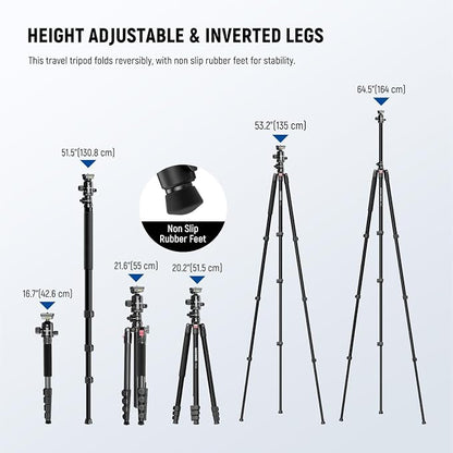 NEEWER Basics 64.5" Horizontal Overhead Tripod with Ball Head/Cell Phone Holder Compatible with iPhone Video Recording, Aluminum Travel Stand Camera Monopod, 360° Pan 180° Tilt 22lb/10kg Load, TP66
