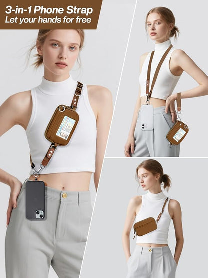 Clip and Go Strap for Phone with Wallet Crossbody Phone Lanyard Adjustable and Detachable RFID Wristlet Wallet with ID Window and Zipper, Brown Large