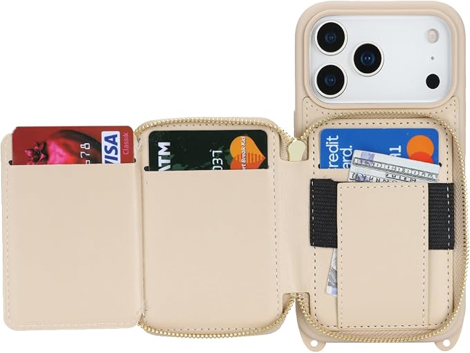 Crossbody Wallet Case for iPhone 17 Pro, PU Leather Zipper Handbag Purse Flip Cover, Kickstand Folio Case with Card Slots Holder Wrist Strap Lanyard 5G 6.3 Inch-White