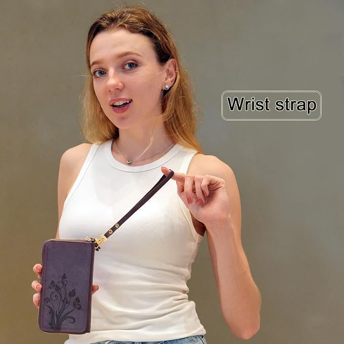 Lacass for iPhone 16 Pro Max 6.9 inch 2024 Wallet Case, Crossbody Dual Zipper Detachable Magnetic Leather Wallet Case Cover Wristlets Wrist Strap 13 Card Slots Money Pocket(Floral Dark Purple)