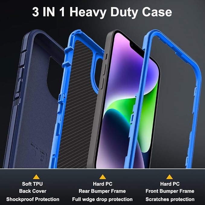 for iPhone 14 Plus Case with 2Pcs Tempered Glass Screen Protector and 1Pcs Camera Lens Protector, Military Grade 3 in 1 Heavy Duty Shockproof/Drop Proof/Dust Proof Case (Navy Blue)