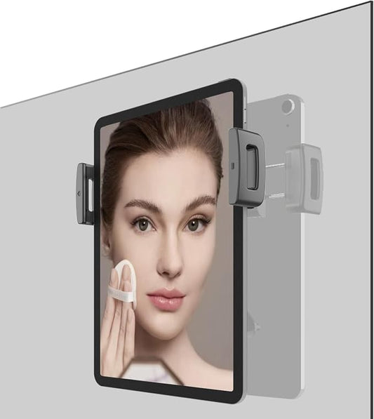 Powerful Suction Cup iPad & Tablet Wall Mount for Mirror, Glossy Tiles & Glass, Pad Holder for Bathroom, Kitchen, Gym, Yoga, Makeup, Supports extra 3 pads for 24H, Fits devices from 5.5"-12.9" (Black)
