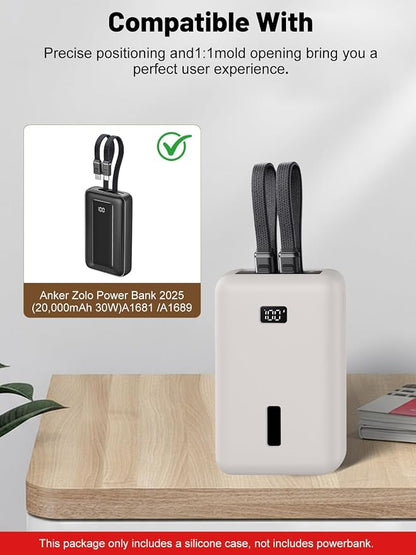 for Anker Zolo Power Bank 2025 20,000mAh 30W A1681/A1689,Silicone Protective Case, Shockproof Cover with LCD Display Visible, Anti-Lost Strap, Precision Cutouts for All-Port Charger (Grey)