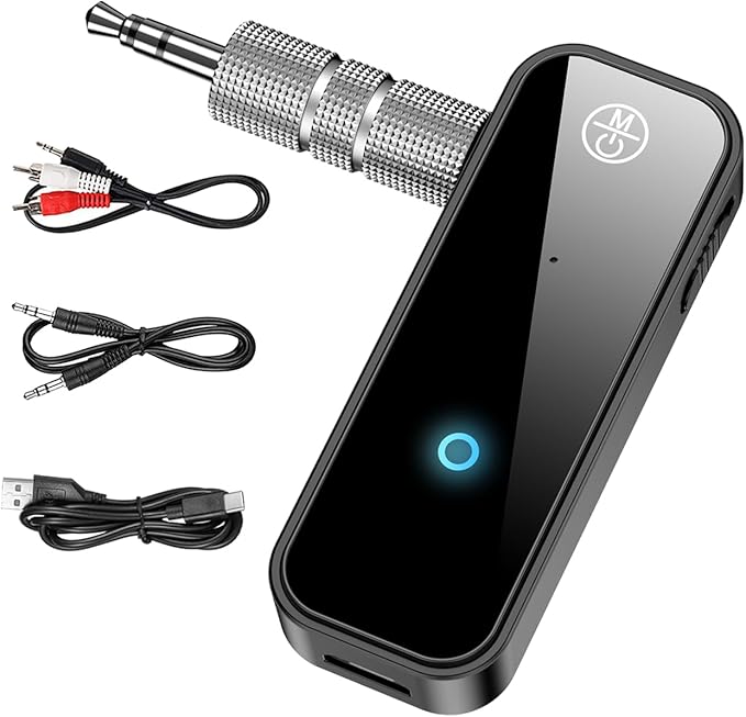 Bluetooth 5.0 Adapter 3.5mm Jack Aux Dongle, 2-in-1 Wireless Transmitter Receiver for TV/Travel Flight, Gym, Supports to Headphones, Bluetooth Receiver for Car/Home Stereo (with RCA & AUX) ﻿