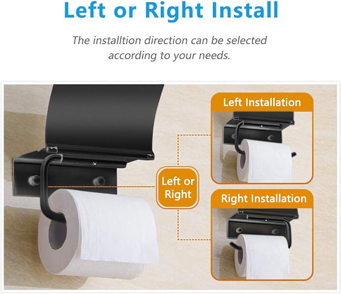 Matte Black Toilet Paper Holder Wall Mounted with Phone Shelf, Universal Modern Toilet Tissue Holder fit Mega Roll Toilet Paper, Cat Proof Toilet Paper Holder Bathroom Metal Aluminum Covered TP Holder