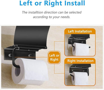 Matte Black Toilet Paper Holder Wall Mounted with Phone Shelf, Universal Modern Toilet Tissue Holder fit Mega Roll Toilet Paper, Cat Proof Toilet Paper Holder Bathroom Metal Aluminum Covered TP Holder