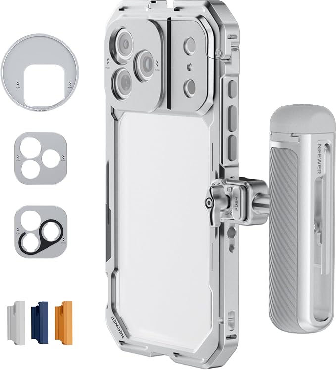 NEEWER Phone Cage Kit Compatible with iPhone 17 Pro Only, Video Rig Stabilizer Accessories with 67mm Filter Ring, 17mm & T Mount Lens Backplates, Quick Release Bluetooth Handle, PA143 (Silver)