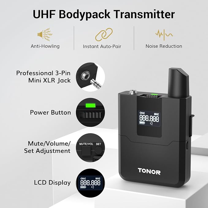 TONOR Wireless Microphone System, 4 * 10-Channel UHF Cordless Handheld Mic Set with Headset/Lavalier Lapel Mics, Bodypack Transmitter, Receiver, 60 m/200ft Range for Karaoke Singing Church PA Speaker