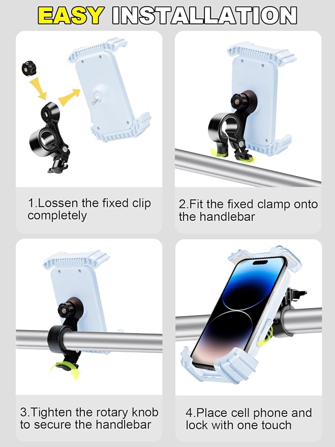 Bicycle Cell Phone Holder,Handlebar Motorcyle Bike Phone Holder,Handlebar Phone Clamp,1s Lock & Ultra-Stable,Silicone Wrapped Phone Mount,Phone Stand for E-Bike,Scooter,Stroller,ATV