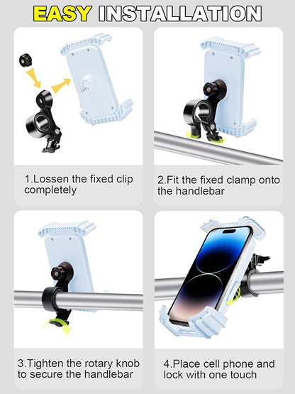 Bicycle Cell Phone Holder,Handlebar Motorcyle Bike Phone Holder,Handlebar Phone Clamp,1s Lock & Ultra-Stable,Silicone Wrapped Phone Mount,Phone Stand for E-Bike,Scooter,Stroller,ATV