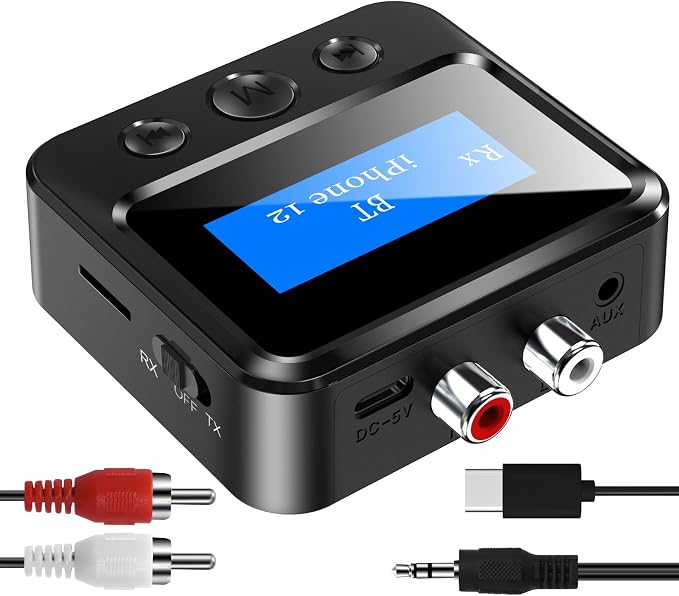 Bluetooth Transmitter Receiver for TV, Audio Adapter for Home Stereo with RCA 3.5mm AUX & Display, Bluetooth Transmitter for Headphones/Speakers/Airplane/Home Theater/PC/Car, TF Card Output