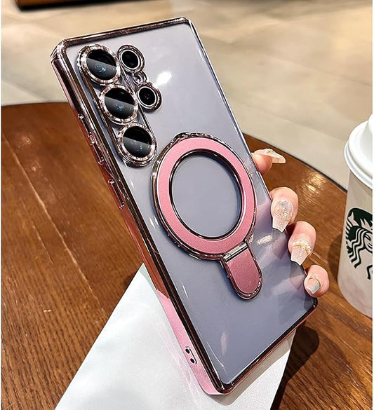 Magnetic for Samsung Galaxy S24 Ultra Case Stand & Ring Holder Compatible with MagSafe Built-in Camera Lens Protector Phone Case for Samsung S24 Ultra - Pink
