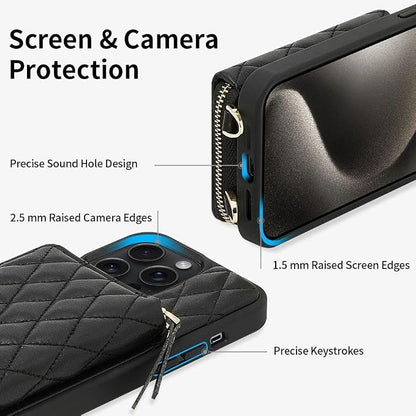 LAMEEKU for iPhone 14 Pro Max Wallet Case, Card Holder Case Crossbody Purse for Women Quilted Leather RFID Shockproof Cover Compatible with iPhone 14 Pro Max, 6.7 Inch-Black