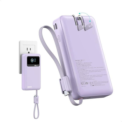 MOKiN 3-in-1 Power Bank,10000mAh 40W Portable Charger with Foldable Plug,Built-in USB-C Cable & LCD Display,Travel Essential Phone Fast Charging Battery Pack,for iPhone 17/16,Samsung etc (Purple)