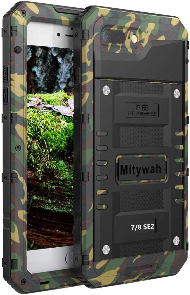 Mitywah Waterproof Case for iPhone SE 2020, Heavy Duty Durable Metal Full Body Protective Case Built-in Screen Protection Waterproof Shockproof Dustproof Rugged Military Grade Defender, Camouflage