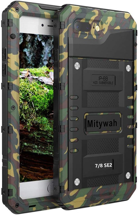 Mitywah Waterproof Case for iPhone SE 2020, Heavy Duty Durable Metal Full Body Protective Case Built-in Screen Protection Waterproof Shockproof Dustproof Rugged Military Grade Defender, Camouflage
