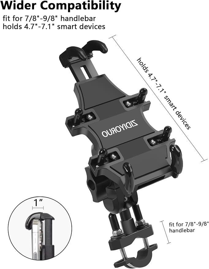 ZIDIYORUO ATV Phone Holder, Quad Phone Mount, 8 Clamps Holds 4.7-7.1" Phones, One Hand Operation Motorcycle Phone Clip for 7/8-9/8" Handlebar,Compatible with Yamaha Polaris Honda Can Am