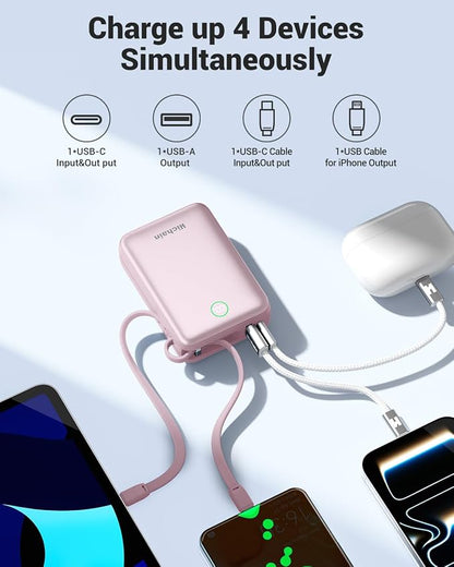 Hichain Portable Charger 35W 20000mAh Power Bank with Dual in Cables Pink | Fast Charging Battery Pack Compact Battery Bank with Digital Display for iPhone Android Portable Phone Charger