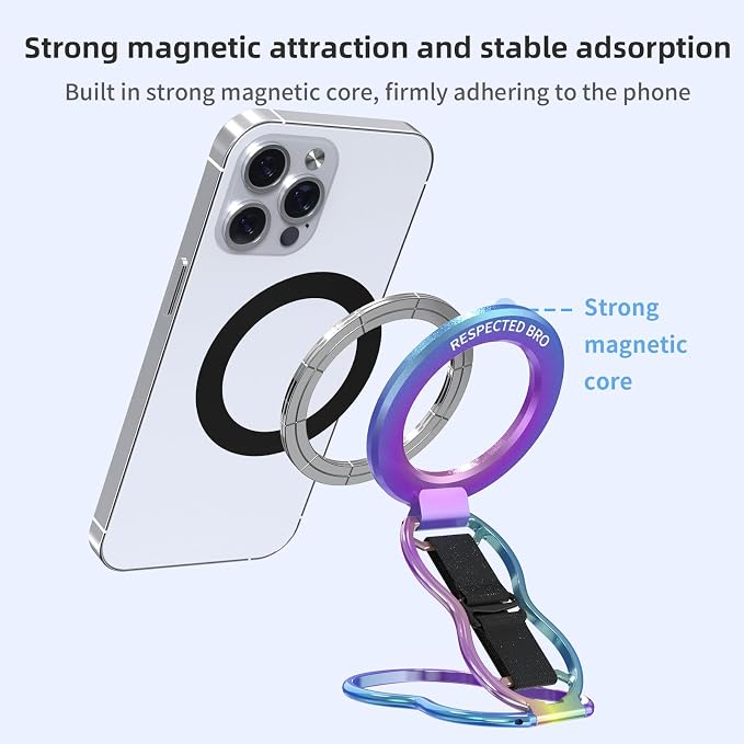 RESPECTED-BRO-Magnetic-Phone-Grip-Stand-with-Finger-Strap, 4-in-1 Magnetic Ring Holder, Kickstand and Elastic Strap for Phones, Universal Fit for iPhone 17/16/15/14/13/12, Android and Cases (Colorful)