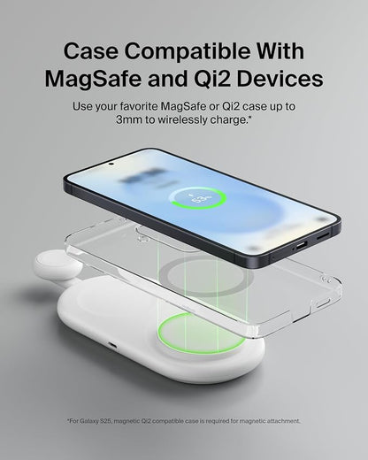 Belkin 2-in-1 Wireless Charging Pad w/ Qi2 15W + Additional USB-C Port - MagSafe-Compatible Charger, Charging Station for iPhone 16 & 15 Series, Samsung Galaxy S25 Series, AirPods, & More - White