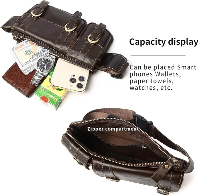 Vintage Leather Waist Bag Fanny Pack for Men Women Hip Bum Bag Belt Slim Cell Phone Purse Wallet Vintage Retro Crossbody Sling Pouch Brown