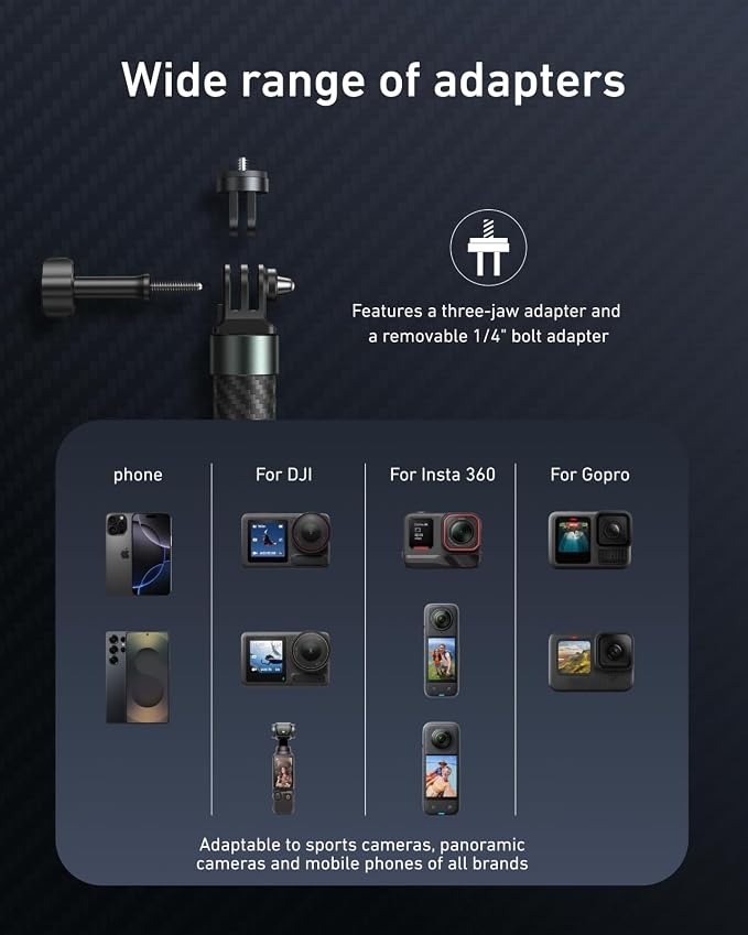 TELESIN Selfie Stick Long Pole Invisible for GoPro (120cm/47.2in),Carbon Fiber Waterproof Extension Monopod for GoPro 13 12 11 DJI Osmo Nano Action 6 5 Pro 4 Pocket 3 Xtra Muse Insta360 X5 X4 Ace Pro