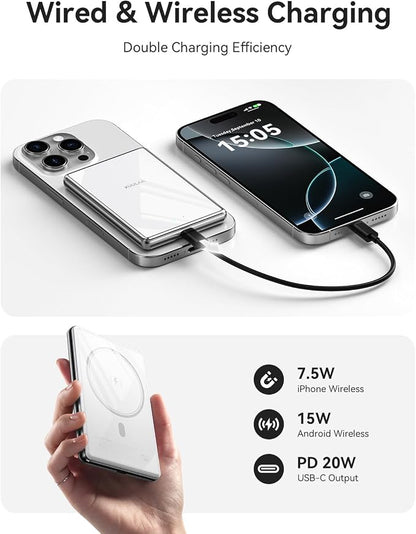 Kuulaa 10000mAh Magsafe Power Bank Ultra Slim 0.53'' Magnetic Wireless Portable Charger with USB-C Output, 20W PD Fast Charging for iPhone 16/15/14/13/12 Series, Tempered Glass Design