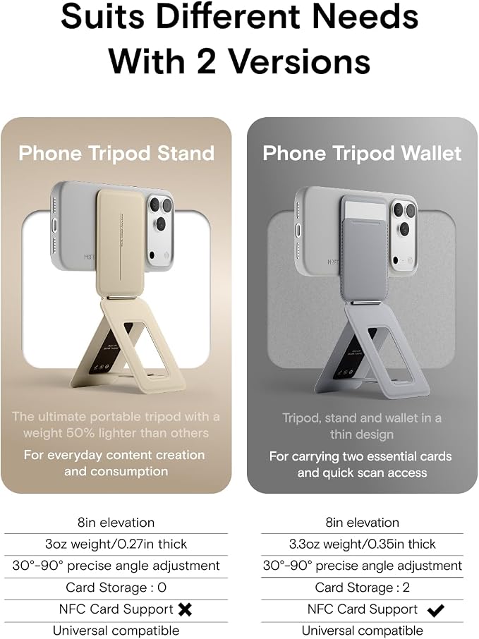 MOFT Phone Tripod Stand Selfie Stick for iPhone, Multi-Angles iPhone Stand, Lightweight & Portable Phone Holder, Strong Magnets, MOVAS Vegan Leather, Travel Essentials, Cement (Without Card Slot)