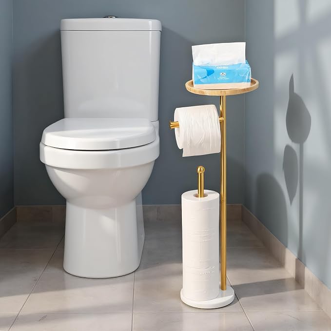 Standing Toilet Paper Holder Gold with 7.9" Big Tray, 2.2Lbs Heavier Marble Base, Freestanding Paper Holder Stand with Phone Shelf, Holds 5 Paper Rolls (Gold)