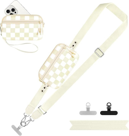 YFWE Clip and Go Strap for Phone with Wallet Crossbody, Adjustable Phone Lanyard with Detachable RFID Wristlet Wallet, Phone Strap with Phone Tabs for All Phones, Cream Checkered (L)
