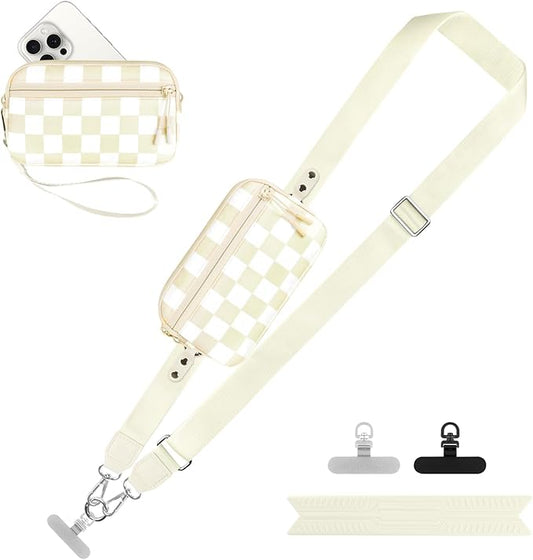 YFWE Clip and Go Strap for Phone with Wallet Crossbody, Adjustable Phone Lanyard with Detachable RFID Wristlet Wallet, Phone Strap with Phone Tabs for All Phones, Cream Checkered (L)