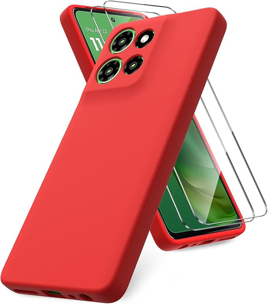 Case for Motorola Moto G Power (2025), 2 Pack Tempered Glass Screen Protectors, Soft TPU Silicone Shockproof Case-Red
