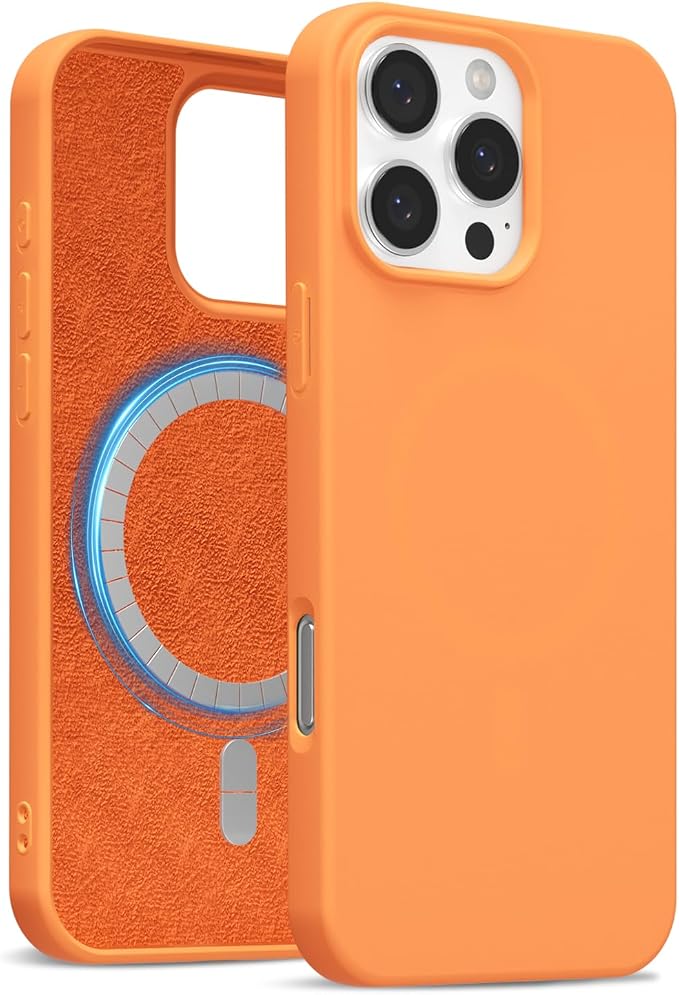 for iPhone 16 Pro Max Case Silicone Compatible with Magsafe Case, Ultra Slim Thin Magnetic Phone Cases Mag Safe, Cute Soft Rubber Gel Matte Plain Wireless Charging Cover for Women, Neon Orange